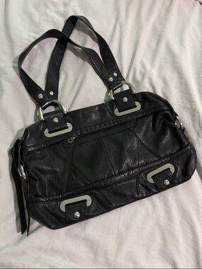 b. makowsky Black Leather Shoulder Bag with Silver Hardware